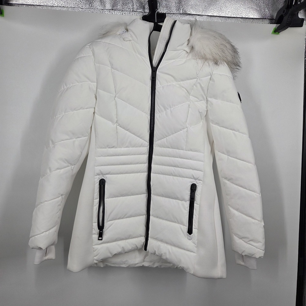 Michael Kors Puffer Jacket Detachable Hood MK White Faux Fur Trim M Quilted